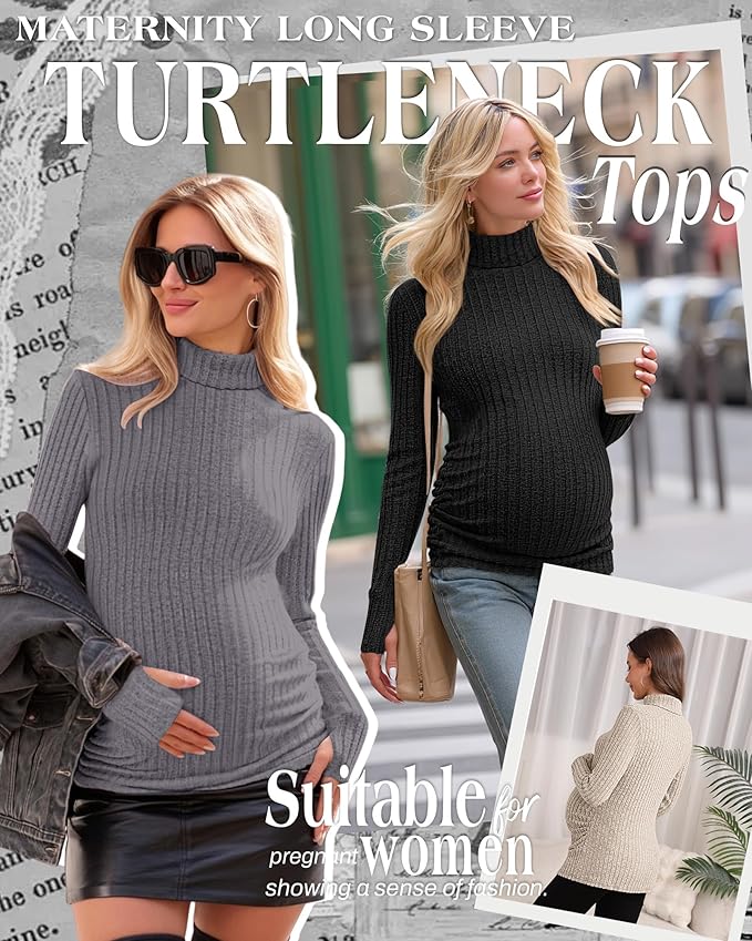 3 Pack Maternity T-Shirts Pregnancy Tops Women Sweater Long Sleeve Turtleneck Ribbed Finger Sleeve Outfits