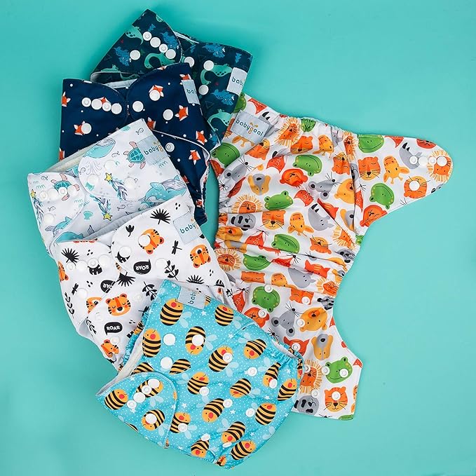 babygoal Reusable Cloth Diapers 6 Pack with 10pcs Inserts, One Size Adjustable Washable Pocket Nappy Covers for Baby Boys and Girls 6FB12