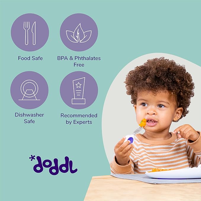 doddl Toddler Utensils, Ergonomic Fork and Spoon Set for Self Feeding, Stainless Steel Silverware for 1-3 Year Olds, BPA Free, Dishwasher Safe (Aqua (Triple Pack))