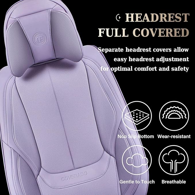 Coverado Universal Seat Covers Front, Universal Seat Covers for Cars, 2-Pack Waterproof Nappa Leather Car Seat Covers with Head Pillow, Auto Protectors Fit for Most Sedans SUV Pick-up Truck-Purple