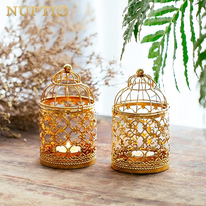 2 Pcs Small Metal Tealight Hanging Birdcage Lantern, Vintage Decorative - Image 3