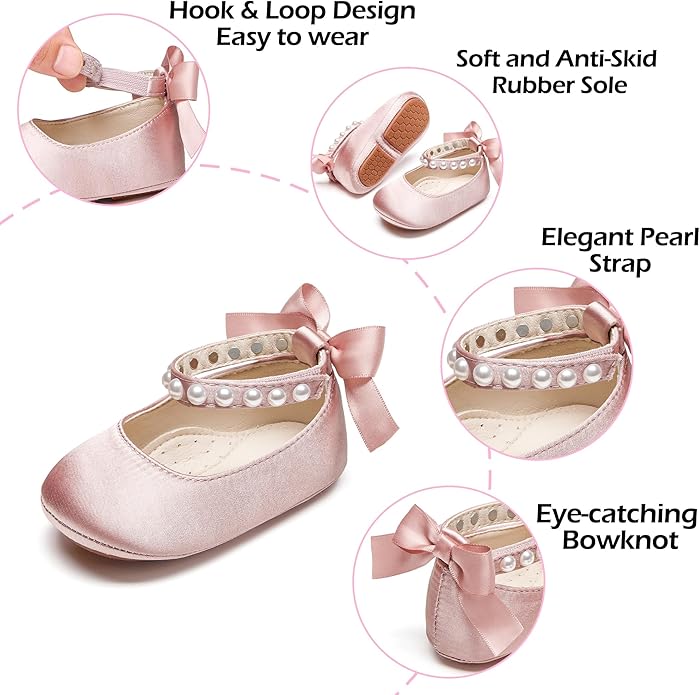 Baby Girls Mary Jane Flats - Infant Newborn Walking Shoes Soft Rubber Sole Princess Wedding