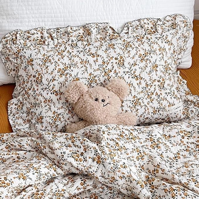 BuLuTu Soft Cotton Muslin Kids Toddler Pillowcases Hibiscus Flowers Pattern, Shabby Chic Floral Nursery Pillow Case 14"x20" for Boys Girls, Durable Pillow Cover Ruffle Edges Travel Pillow Cases