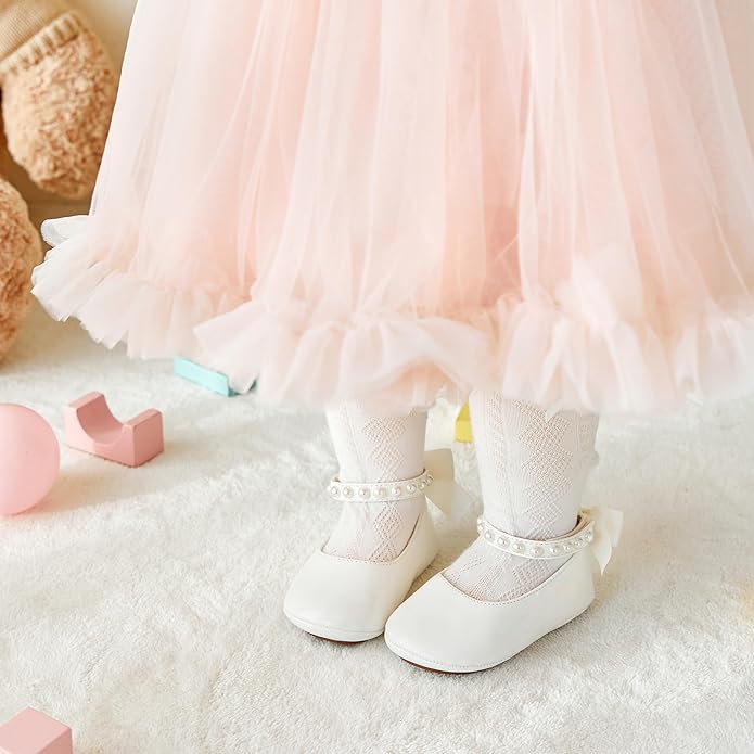 Baby Girls Mary Jane Flats - Infant Newborn Walking Shoes Soft Rubber Sole Princess Wedding