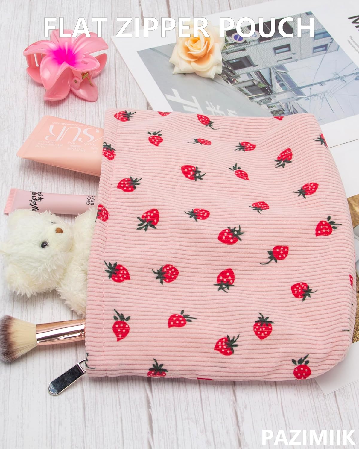 Makeup Bag Large Cotton Zipper Pouch for Purse Travel Canvas Make Up Organizer for Women Cosmetic,Strawberry Pink