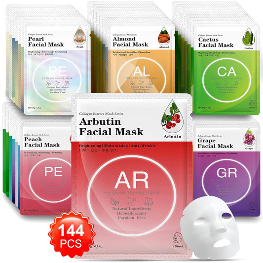 VESPRO 144 Pack Collagen Essence Sheet Facial Masks, Bulk Sheet Masks for Face, Hydrating Facial Masks for All Skin Types, Moisturizing and Soothing, Natural Skincare Spa Face Mask