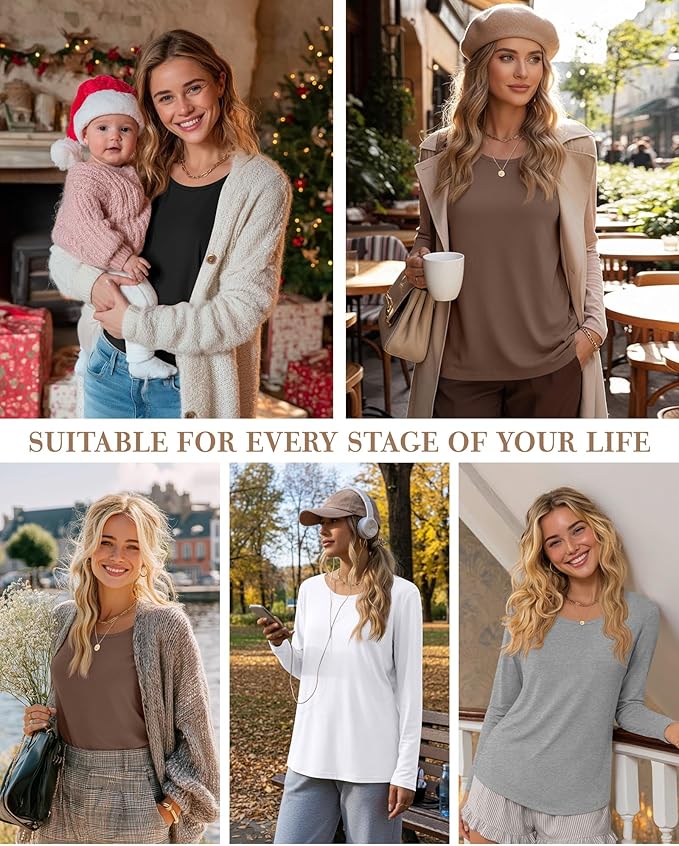 4 Pack Women's Cotton Nursing Tops, Breastfeeding Maternity with Hidden Zippers Crew Neck Long Sleeve Pregnancy Shirts