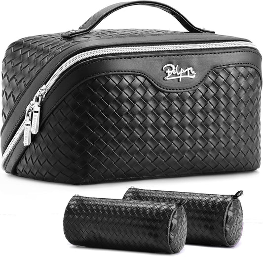 BOYATU Travel Makeup Bags for Women: 3 Pcs Large Make up Bags Set - Vegan Leather Cosmetic Bag for Traveling - Waterproof Toiletry Organizer (L03 Black)