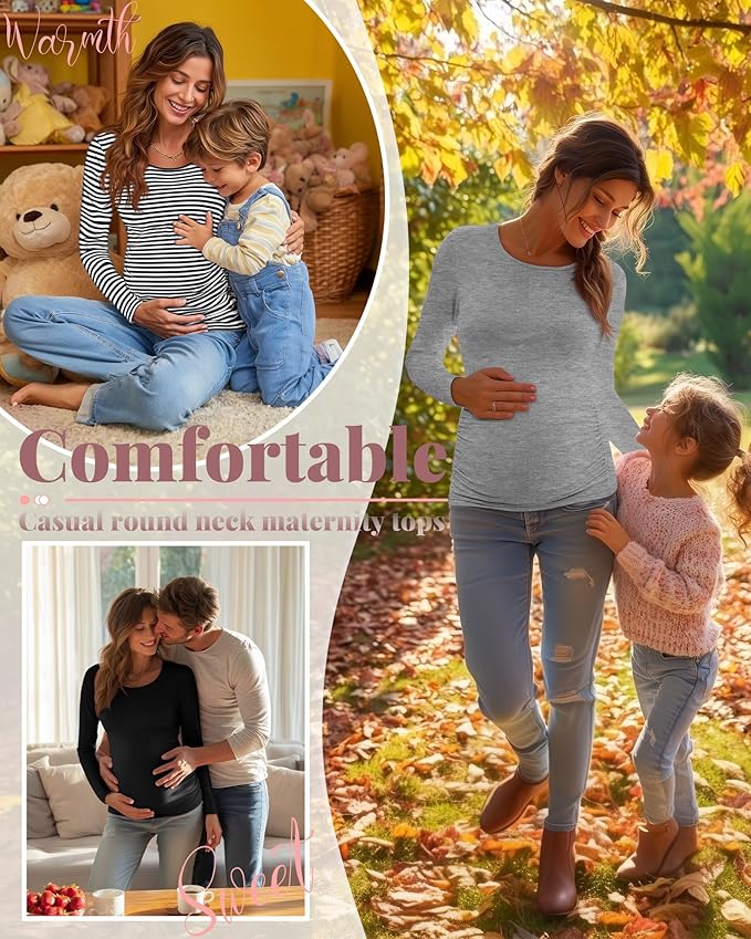 Ficerd 3 Pack Women's Maternity Shirts, Long Sleeve Side Ruched Pregnancy Tee Tops Crew Neck Casual Mama Clothes Basic Tunic