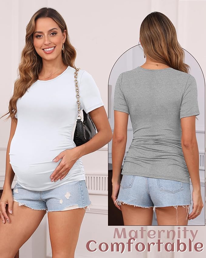 Huukeay 4 Pack Women's Maternity Shirts, Crew Neck Maternity Top Short Sleeve Casual Cotton Tee Side Ruched Pregnancy Clothes