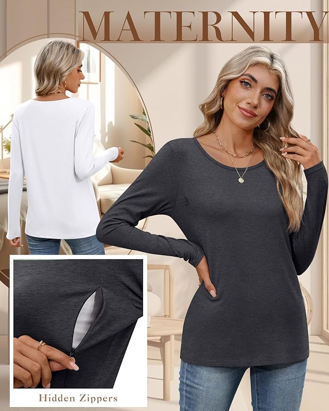 4 Pack Women's Cotton Nursing Tops, Breastfeeding Maternity with Hidden Zippers Crew Neck Long Sleeve Pregnancy Shirts