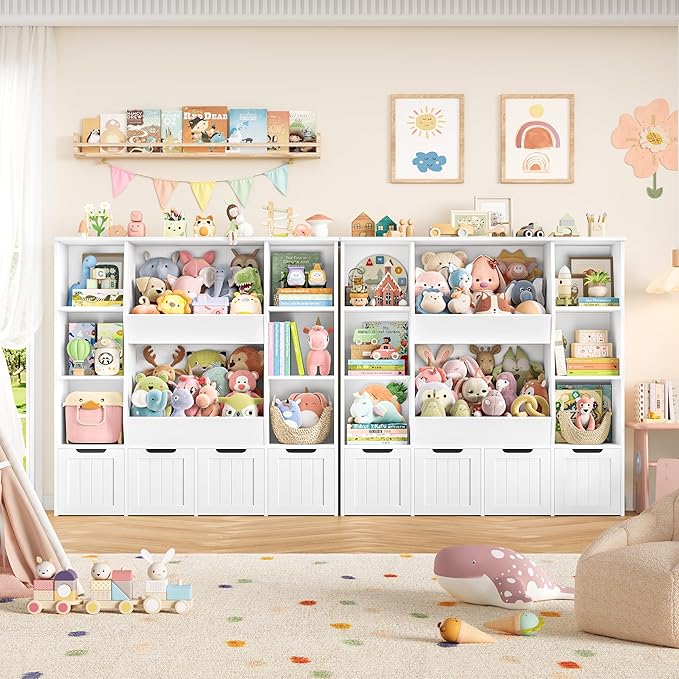 FINETONES Toy Organizers and Storage with 4 Movable Drawers, Large Toy Storage Organizer with 8 Open Storage Cubbies, Kids Bookshelf and Toy Storage with Hidden Wheels for Playroom, Kids Room,White