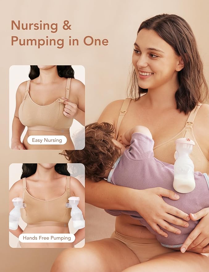 Pumping Bra Hands Free Zip Opening Seamless Nursing Bras for Breastfeeding High Support Nursing & Pumping Bra in One