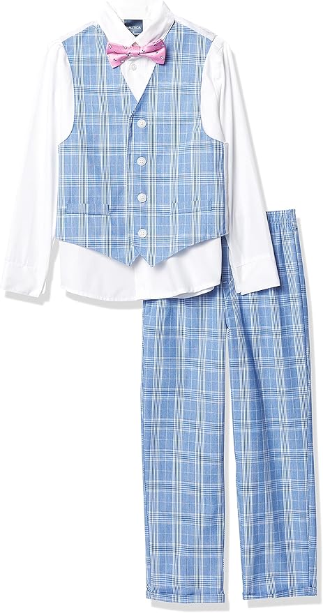 Nautica Boys' 4-Piece Formal Suit Set with Vest, Pants, Collared Dress Shirt, and Tie