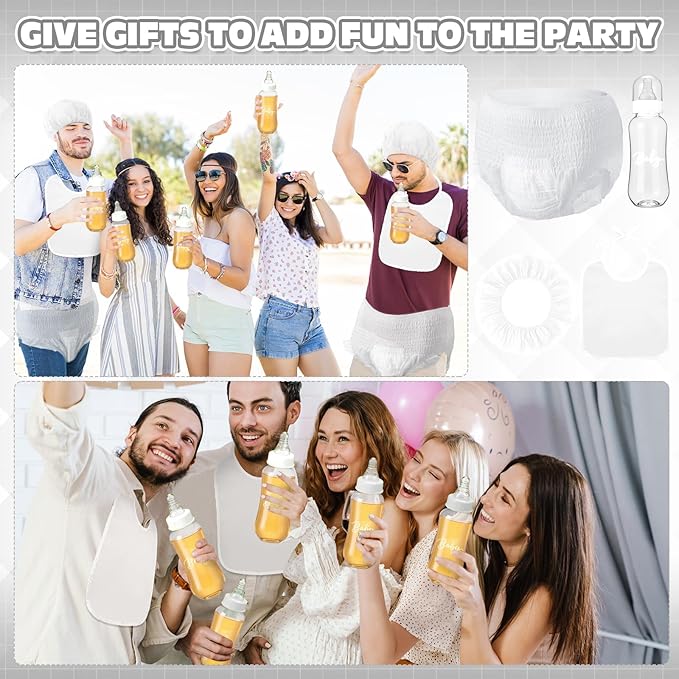 6 Sets Bottle Chug Baby Shower Games Juegos Para Plastic Baby Bottles Bibs Hat Disposable Diapers Gender Reveal Games Baby Changing Diaper Race Game Decoration (White)