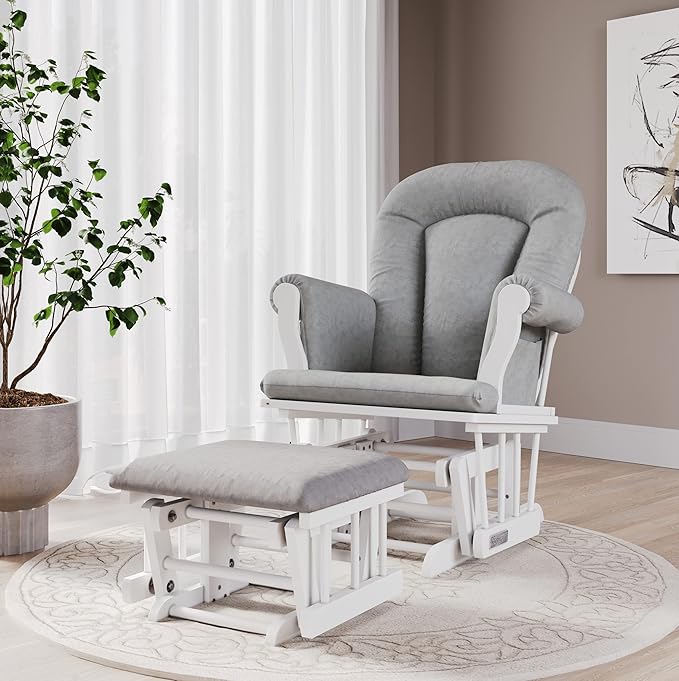Child Craft Cozy Glider Rocker and Ottoman Set, Padded Cushion with Convenient Storage Pockets, Solid Wood Base & Frame (Matte White with Light Gray Cushion)