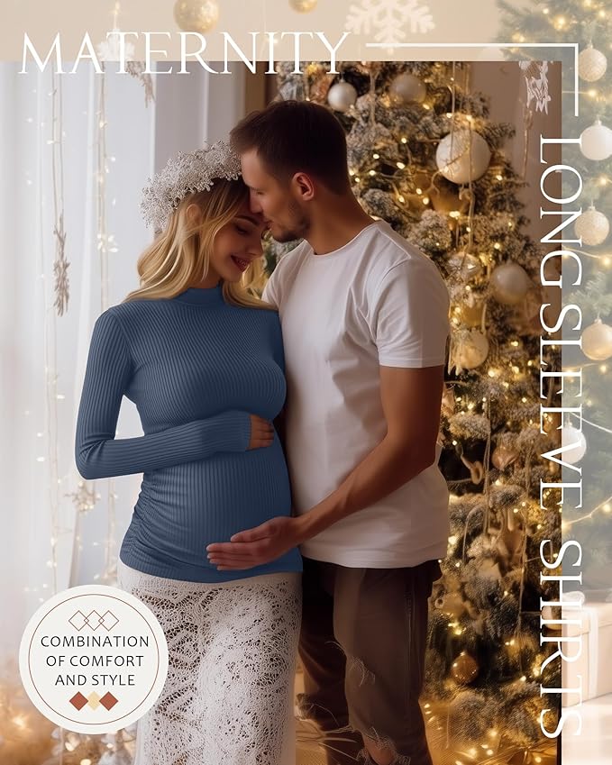 4 Packs Womens Maternity Shirts Long Sleeve Cotton Ribbed Pregnancy Mock Neck Side Ruched Workout Tops for Mama
