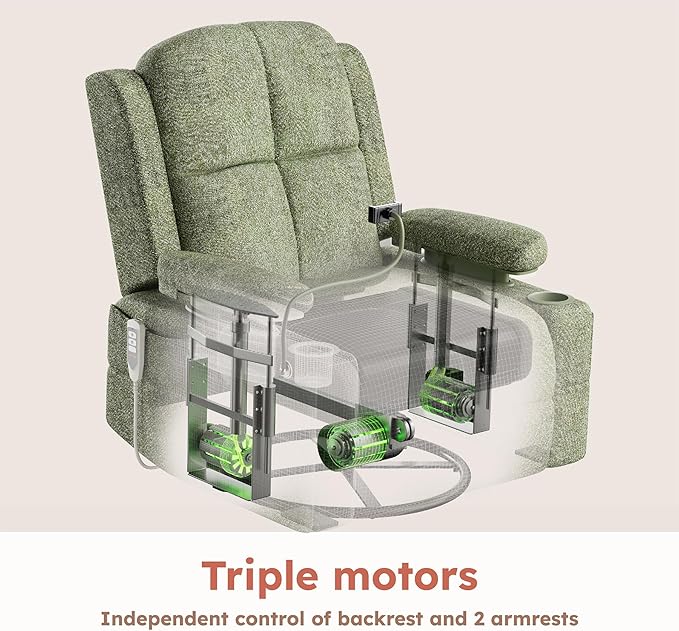 MAMAZING Oversized Rocking Chair Nursery with Adjustable Armrests, Electric Glider Recliner Nursing Chair for Breastfeeding, Power Swivel Recliner Chairs, Oeko-TEX & FSC Certified (Moss Green, Fabric)