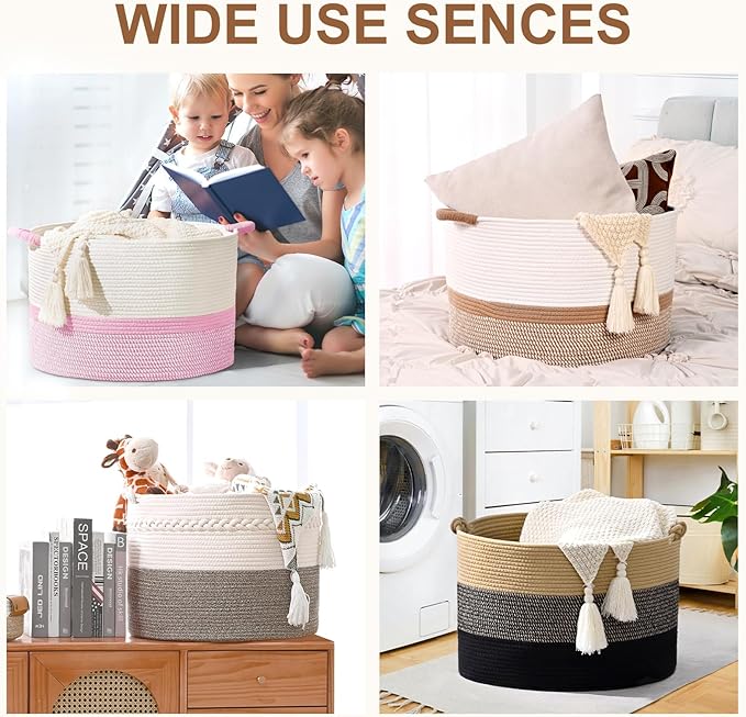 67L Large Blanket Basket, 20"x13" Woven Storage Baskets With Handle, Cotton Rope Blanket Basket Living Room, Baby Laundry hamper for Blanket, Nursery, Toy, Pillow (White & Brown)