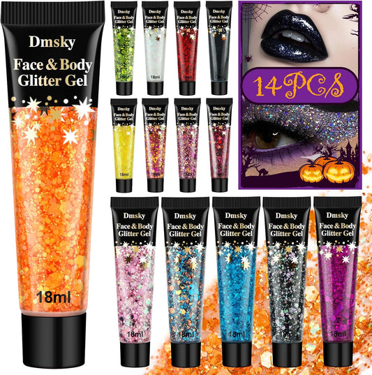 14 Colors Body Glitter,Face Glitter Makeup for Kids Women,Sparkly Chunky Hair Glitter for Eye Lip Nails,Mardi Gras Glitter Makeup Face Paint,Singer Concerts Disco Rave Festival Accessories-Hallowmas
