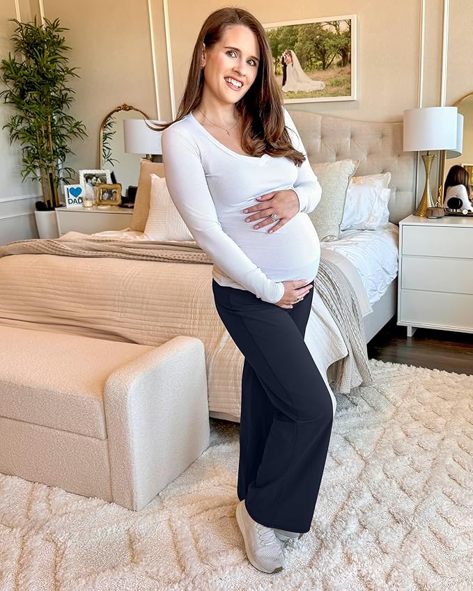 G4Free BareFeel Maternity Dress Yoga Pants Over The Belly Stretchy Work Slack Pregnancy Wide Leg Lounge Trousers