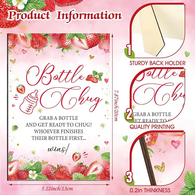 TrelaCo Cool Baby Shower Games Wooden Bottle Chug Sign Strawberry Theme Gift Sets and 12 Pcs Baby Bottle Shower Favor for Rustic Kraft Games Gender Reveal
