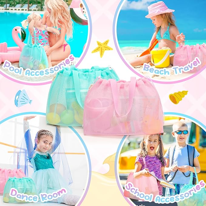 Tagitary Beach Toys Kids Beach Bag Tote with Drawstring, Pink Blue Mesh Bag Travel Beach Essentials for Kids Swim Pool Gym Bag Camping Accessories Toys Storage Lightweight Foldable Birthday Gifts