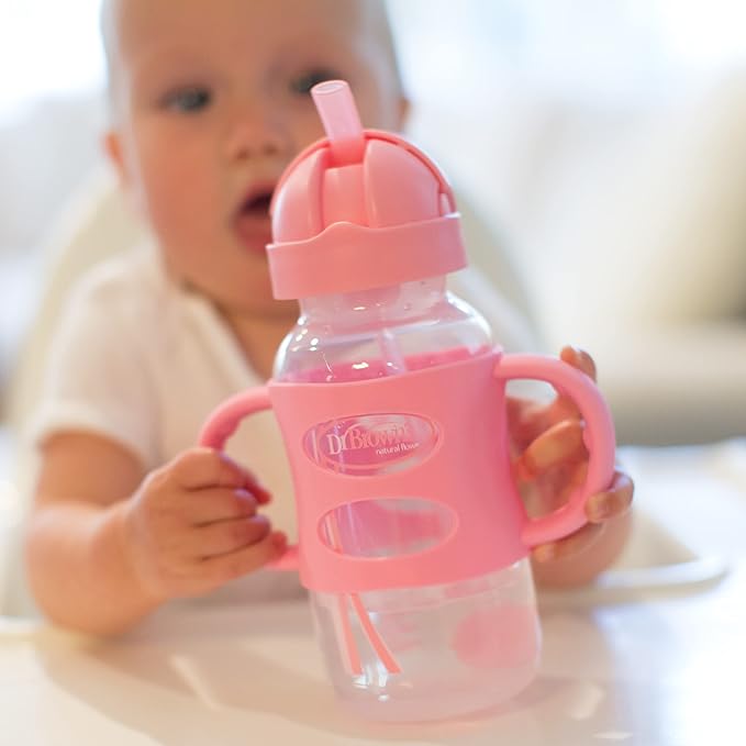 Dr. Brown's Milestones Wide-Neck Sippy Straw Bottle with 100% Silicone Handles and Weighted Straw, 9 oz/270 mL, Gray & Pink, 6m+, 2 Count (Pack of 6)