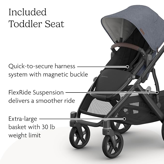 UPPAbaby Vista V3 Stroller - Full-Size Single-to-Double Stroller System - Toddler Seat, Bug Shield, Rain Shield, and Storage Bag Included - Julian (Dusty Blue Mélange/Carbon Frame/Chestnut Leather)