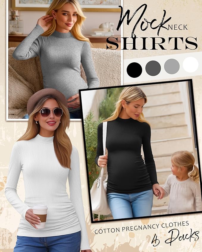 4 Packs Womens Maternity Shirts Long Sleeve Cotton Ribbed Pregnancy Mock Neck Side Ruched Workout Tops for Mama