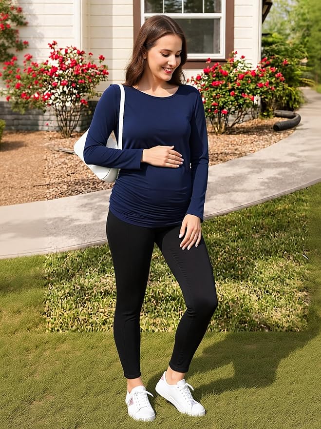 Maternity Shirts Long Sleeve Pregnancy Top for Women with Crew Neck Casual Tee Shirts