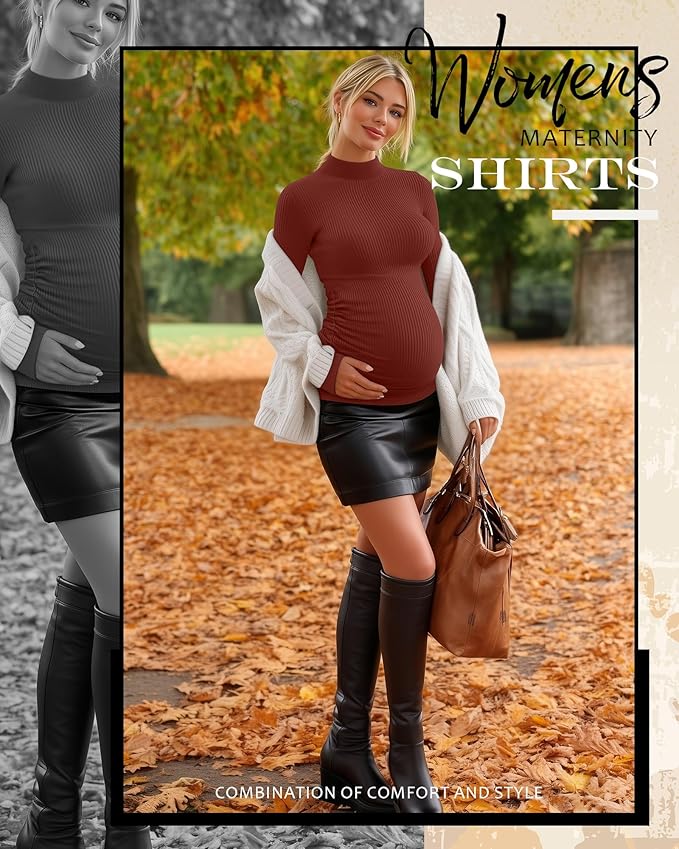 4 Packs Womens Maternity Shirts Long Sleeve Cotton Ribbed Pregnancy Mock Neck Side Ruched Workout Tops for Mama
