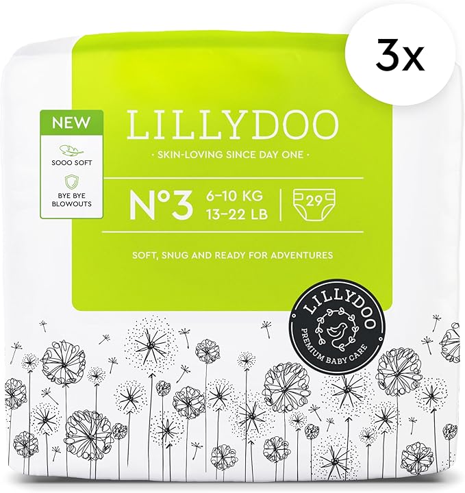 LILLYDOO Baby Diapers - Size 3 (13-22 lbs), Half-Monthly Supply (87 Count), Leak Protection, Skin-Friendly, Ultrasoft, Perfume- & Chlorine-Free, Hypoallergenic, Dermatologist Tested, Oeko-TEX®