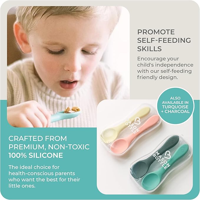 Mason Bottle Silicone Baby Spoons (2-Pack) – BPA-Free Feeding Utensils for Babies 6–12 Months – Puree Spoons with Case, Non-Toxic, Dishwasher Safe (Buttercup & Harbor)