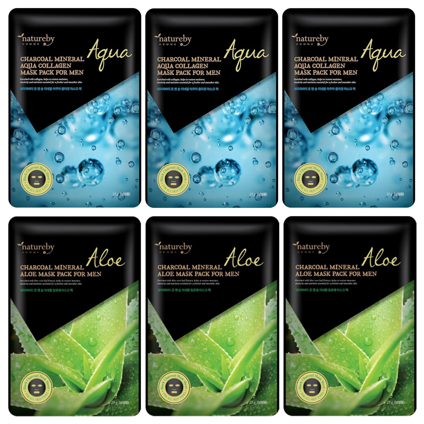 Charcoal Mineral Mask Pack for Men, Korean Skincare Face Wrinkle Treatmen Mask Sheets, Men's Skin Care Sets, Travel Essentials & Gift Sets for Men (Collagen & Aloe, Pack of 6pcs)