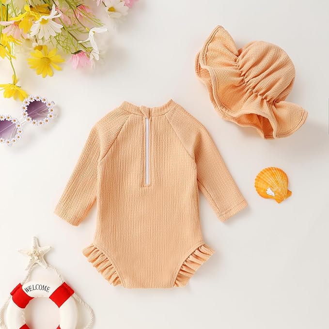 YOUNGER TREE Infant Baby Girls Swimsuit Long Sleeve Swimsuits One Piece Swimsuit Solid Color Bathing Suit with Hat, UPF 50+