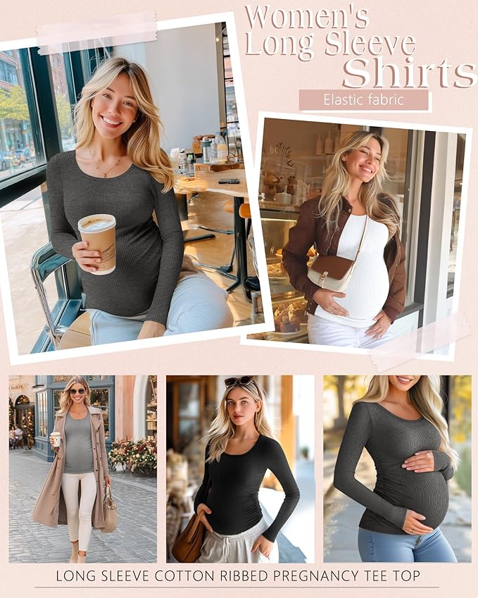 Riyiper 4 Pack Women's Maternity Shirts, Long Sleeve Cotton Ribbed Pregnancy Tee Top Crewneck Side Ruched Casual Mama Clothes