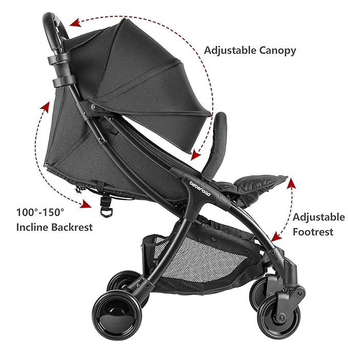 Beberoad Love R2 Small Travel Stroller Compact Strollers Foldable Lightweight Baby Stroller for Airplane, Infant Toddler Stroller with Adjustable Backrest, Cup Holder and Waterproof Canopy, Black