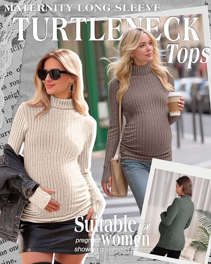 3 Pack Maternity T-Shirts Pregnancy Tops Women Sweater Long Sleeve Turtleneck Ribbed Finger Sleeve Outfits