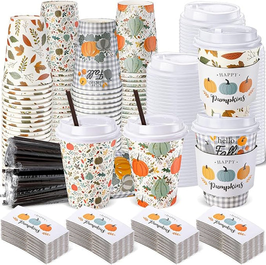 Lallisa 100 Sets Fall Thanksgiving Coffee Cup Bulk with Lid Disposable 12 oz Fall Hot Cups Paper and Sleeves Straws, Autumn Drinking Supplies for Holiday Party(Pumpkin Style)