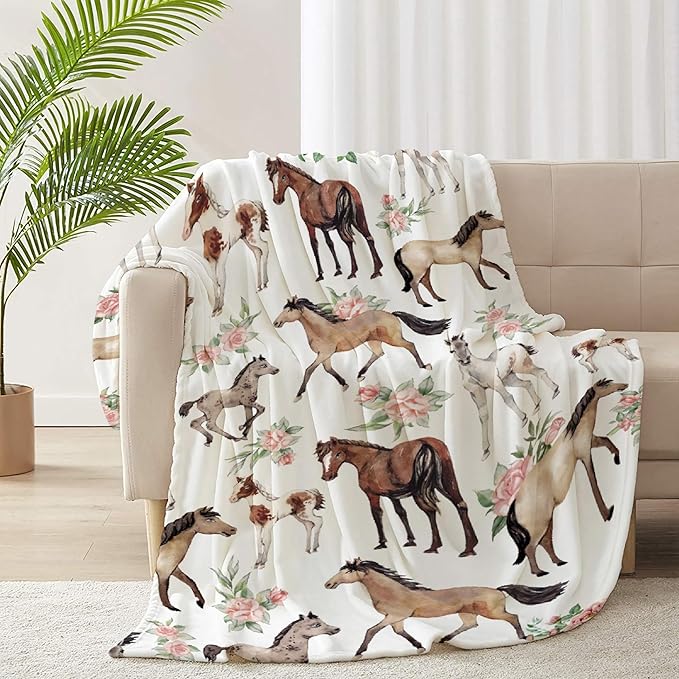 Horse Rose Blanket for Teen Flowers Throw Blanket Gifts for Girls Boys Soft Throws Blankets All Seasons 50×60 Inches for Bed Office
