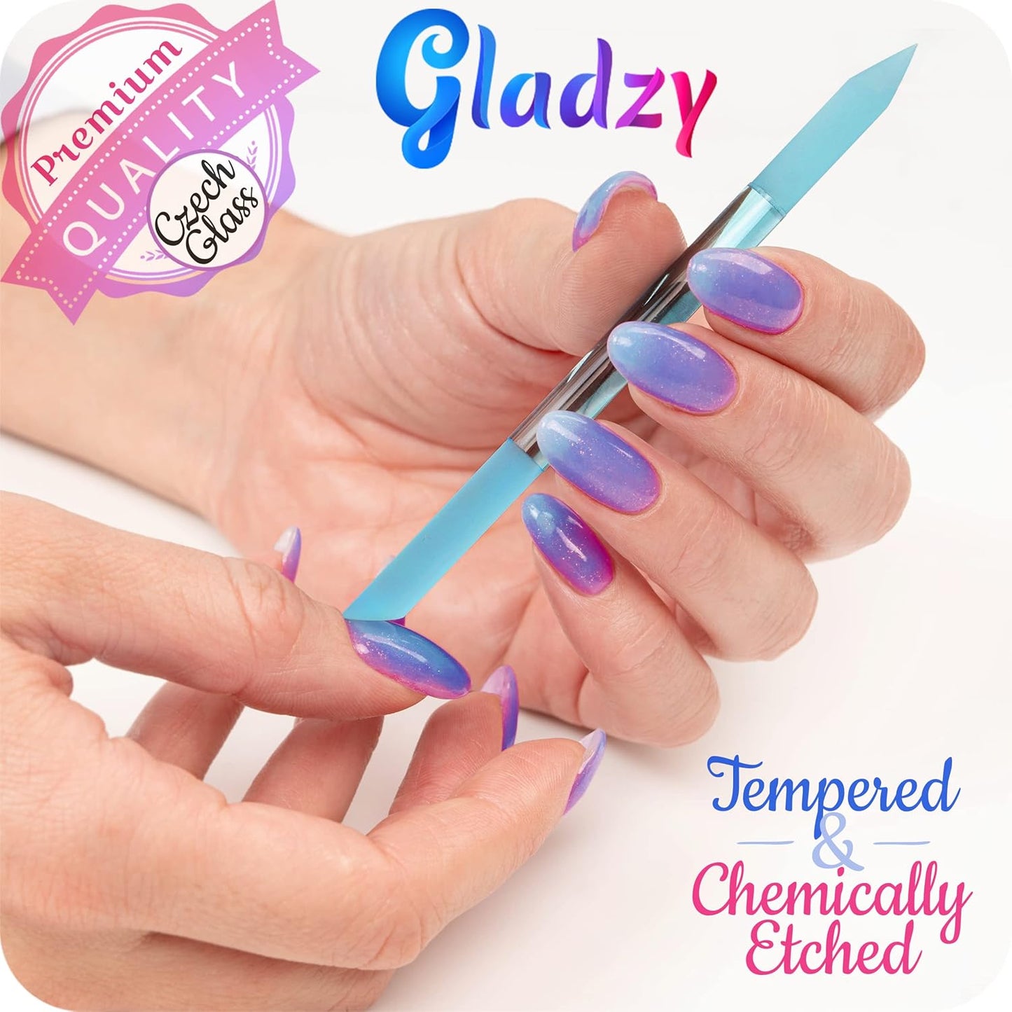 GLADZY Glass Cuticle Pusher Tool - Dual Ended Manicure Stick, Etched Crystal Glass Cuticle Remover, Callous and Dry Skin Fingertip File, Nail Shaper, Professional Nail Care, Ethically Made in EU