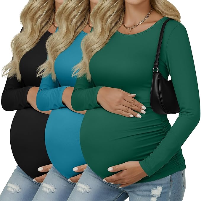 Ficerd 3 Pack Women's Maternity Shirts, Long Sleeve Side Ruched Pregnancy Tee Tops Crew Neck Casual Mama Clothes Basic Tunic