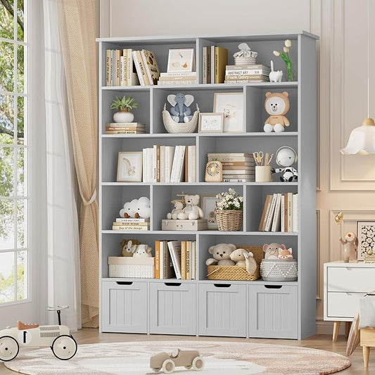FINETONES 69" H Toy Storage Organizer, 6 Tier Tall Kids Bookshelf with 4 Movable Drawers and 12 Storage Cubbies, 49.4" W Toy Organizers and Storage Organizer Playroom Storage for Kids Room, Grey