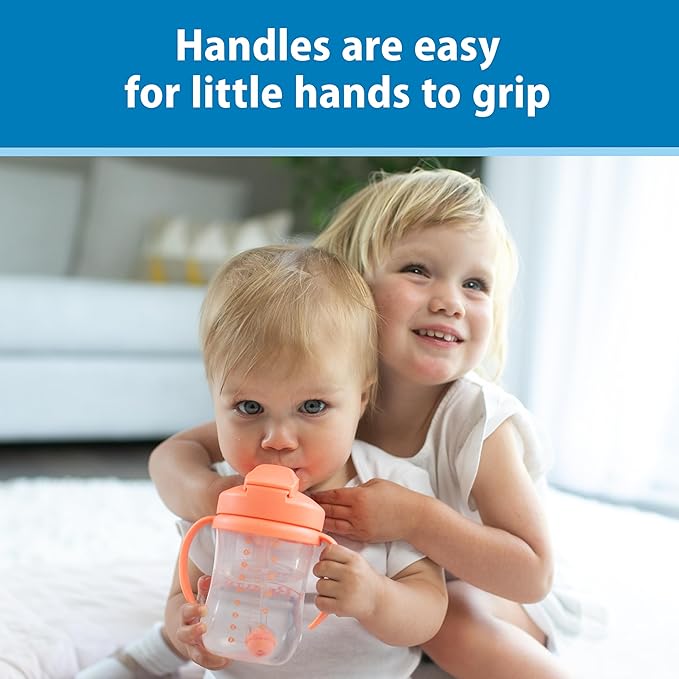 Dr. Brown's Milestones Baby's First Straw Cup, Training Cup with Weighted Straw, 9oz/270mL, Coral, BPA Free, 6m+