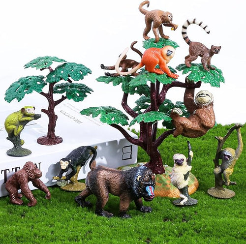 16Pcs Monkey Animal Figures Set, Ring-Tailed Lemur Gorilla and Trees - Image 2