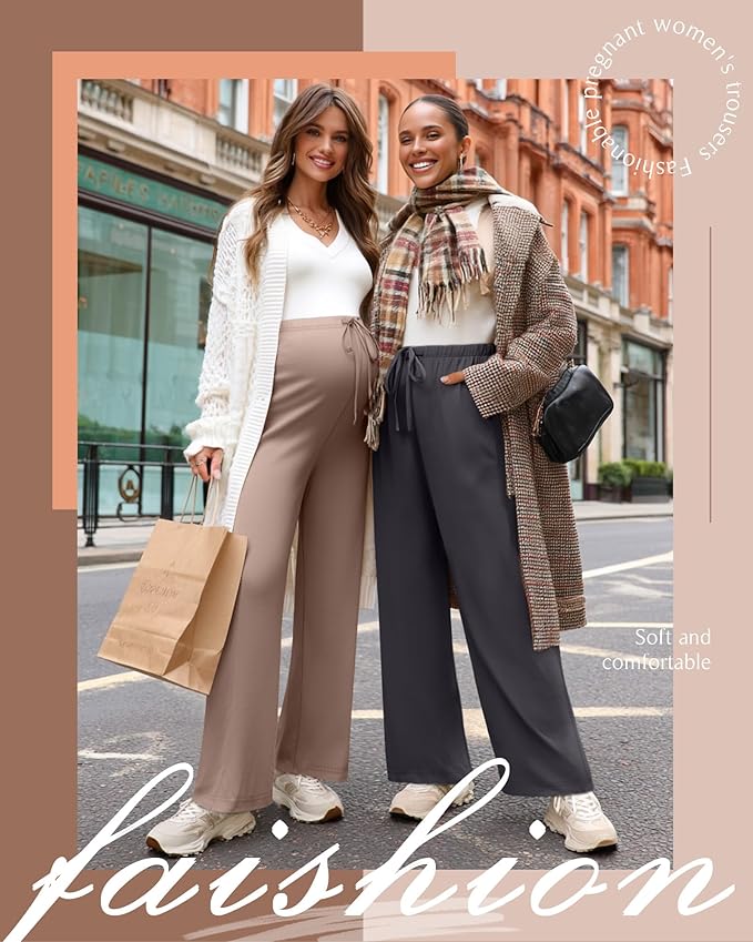 3 Pack Maternity Pants for Women Over The Belly Lounge Work Pregnancy Pants Drawing Wide Leg Trousers with Pockets