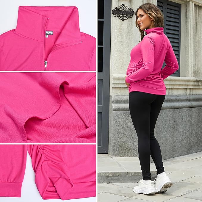 GINKANA Maternity Women's Long Sleeve Shirt Half Zipper Lapel Lightweight Casual Maternity Pullover with Pockets