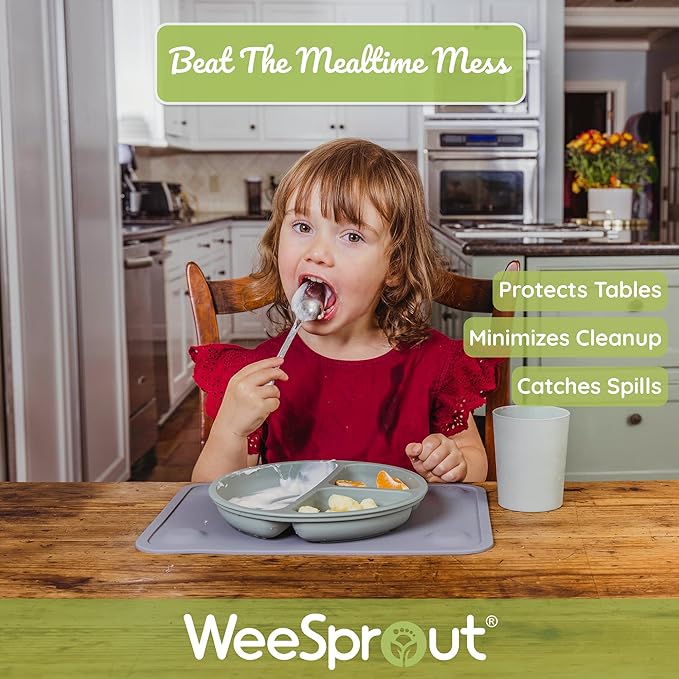 WeeSprout Silicone Suction Placemats for Babies, Toddlers & Kids, Durable Food Grade Silicone with Non-Slip Suction, Raised Edges Contain Mess, Dishwasher Safe, for Dining Table & Restaurants, 2 Pack