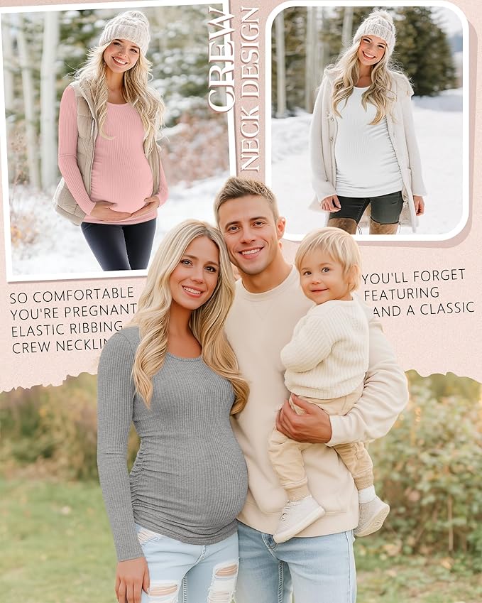 Riyiper 4 Pack Women's Maternity Shirts, Long Sleeve Cotton Ribbed Pregnancy Tee Top Crewneck Side Ruched Casual Mama Clothes